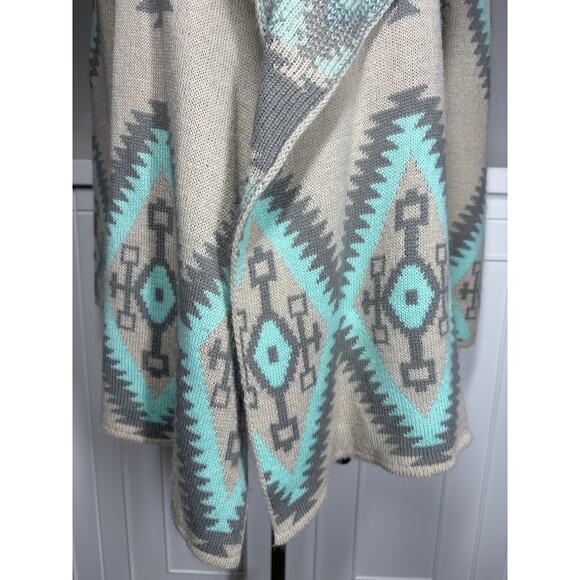 Renee C Aztec Print Cardigan Sweater Wool Mohair Open Front Knit Teal Tan Size S - Picture 3 of 13
